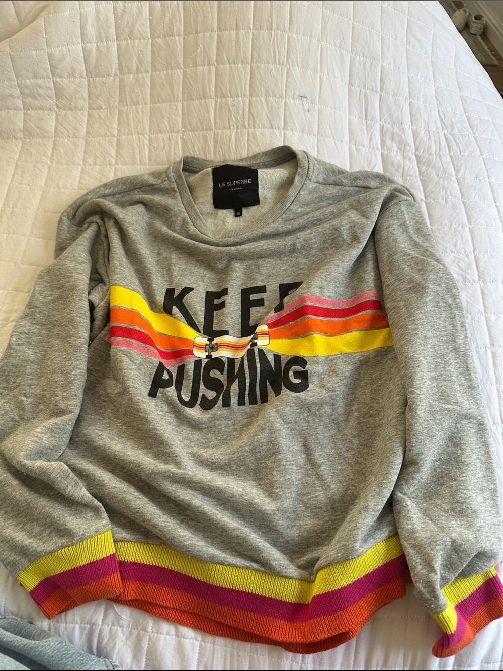 Le Superbe Gray 'Keep Pushing' Stripe Crewneck Sweater